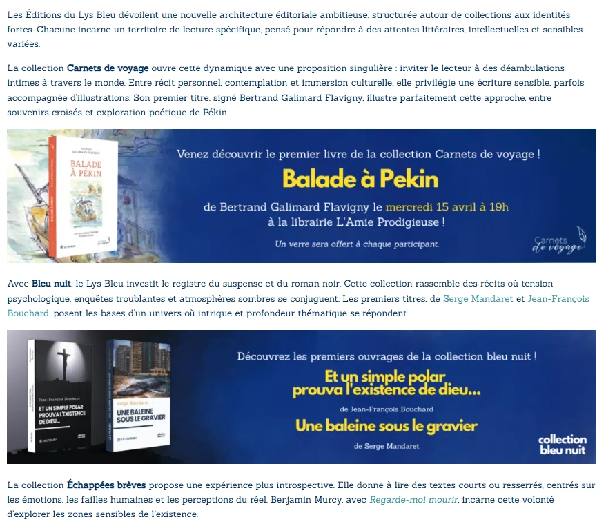 Article de présentation des nouvelles collections de la maison d’édition, avec bannières d’événements