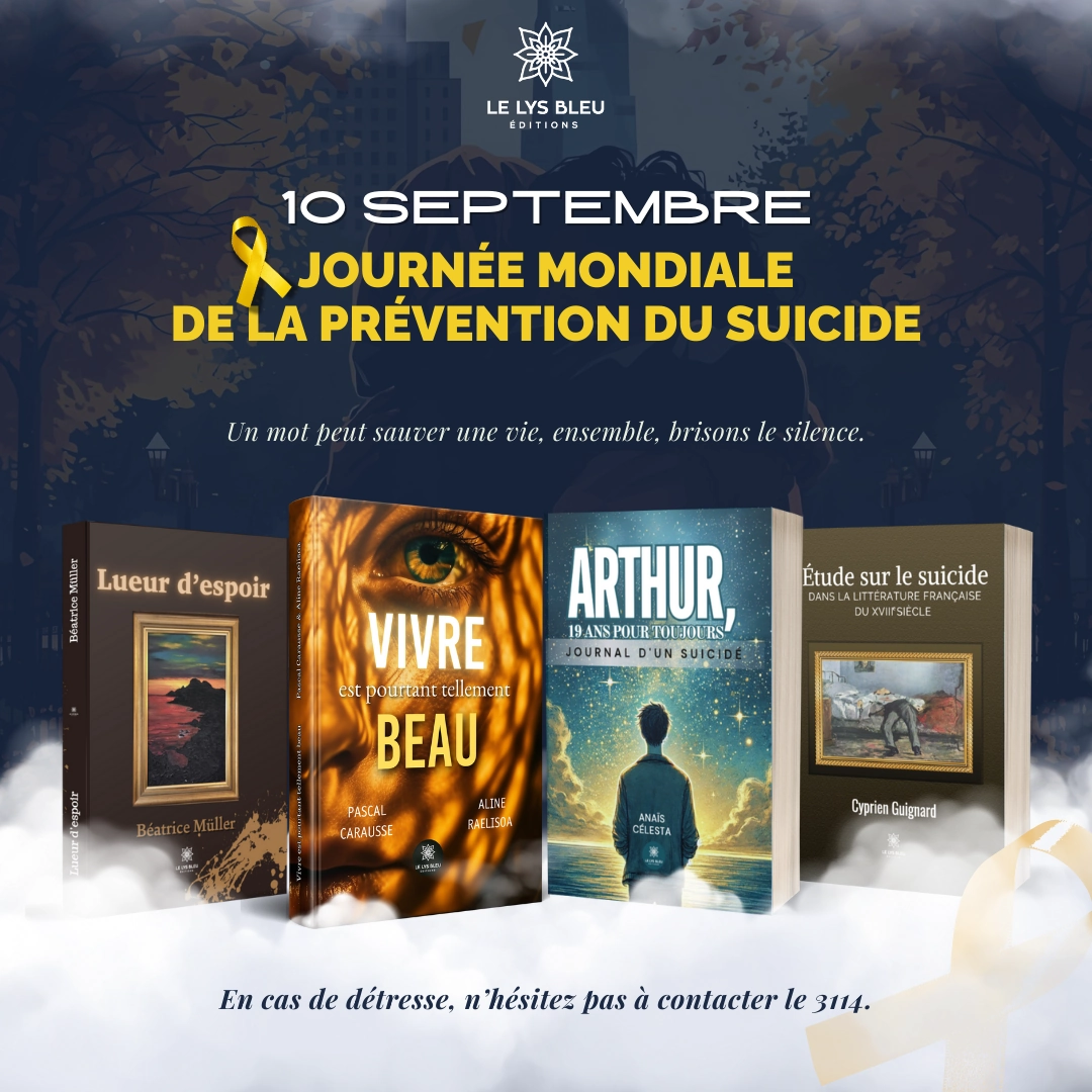 Visuel de campagne pour la Journée mondiale de la prévention du suicide, avec quatre livres de la maison d’édition