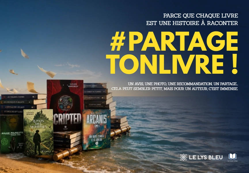 Visuel de campagne #PartageTonLivre avec des livres posés sur un radeau au bord de la mer