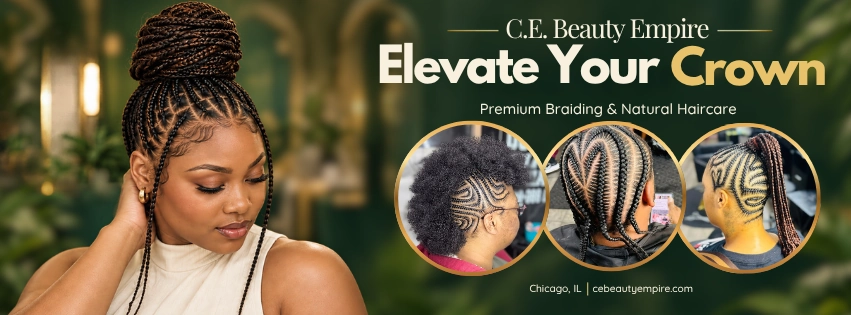 Seconde bannière C.E. Beauty Empire avec une coiffure tressée