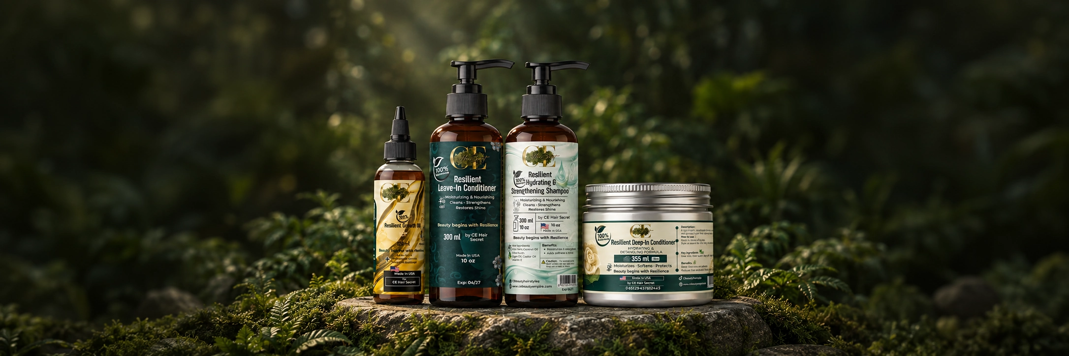 Visuel de la gamme de soins capillaires CE Hair Secret : huile, après-shampoing sans rinçage, shampoing et masque