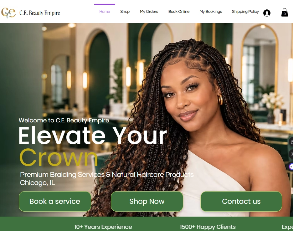 Page d’accueil du site C.E. Beauty Empire : Elevate Your Crown, tressage premium et soins capillaires naturels