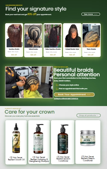 Sections du site C.E. Beauty Empire : styles de tresses, prise de rendez-vous et produits capillaires
