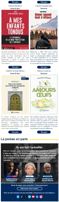 Extrait d’une infolettre : sélections par collection et revue de presse
